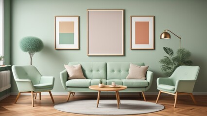 Ellipse table and two chairs near mint sofa against light green wall with art frame poster. Scandinavian, mid-century home interior design of modern living room