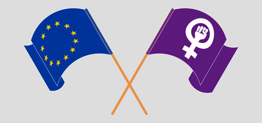 Crossed and waving flags of the European Union and Feminism