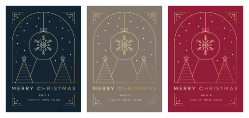 Merry Christmas and Happy New Year Set of greeting cards, posters, holiday covers. Modern Xmas design with geometric festive scene illustration. Christmas tree, balls, snow globe, snowflakes, text. 