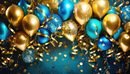 Holiday background with golden and blue metallic balloons, confetti and ribbons. Festive card for birthday party, anniversary, new year, christmas or other events