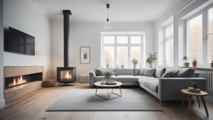 Naklejka na ściany i meble Grey daybed sofa against fireplace. Rustic scandinavian home interior design of modern living room