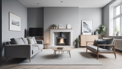 Grey daybed sofa against fireplace. Rustic scandinavian home interior design of modern living room