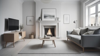 Grey daybed sofa against fireplace. Rustic scandinavian home interior design of modern living room