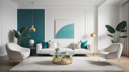 Fototapeta na wymiar Interior of modern living room with brass coffee table and white armchair, empty wall with turquoise arch. Home design