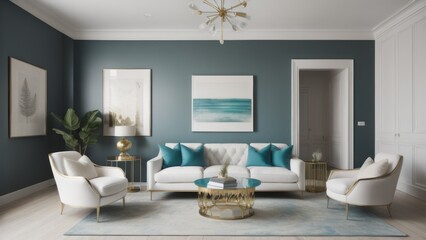 Fototapeta na wymiar Interior of modern living room with brass coffee table and white armchair, empty wall with turquoise arch. Home design