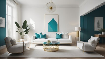 Interior of modern living room with brass coffee table and white armchair, empty wall with turquoise arch. Home design