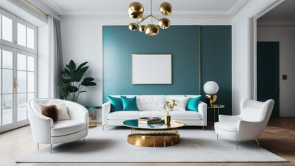 Interior of modern living room with brass coffee table and white armchair, empty wall with...