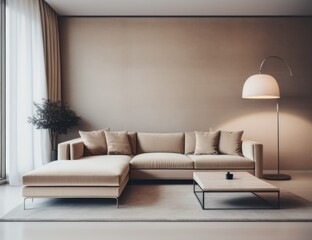 Minimalist home interior design of modern living room. Beige velvet sofa and floor lamp against wall with copy space