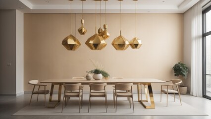 Minimalist interior design of modern dining room with brass pendant lights against beige stucco wall