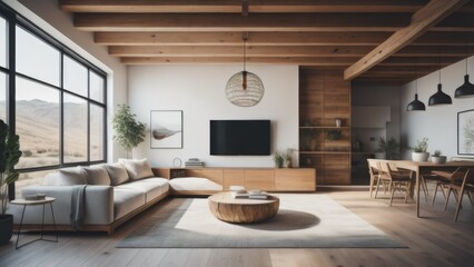 Fototapeta premium Minimalist interior design of modern living room with rustic accent pieces