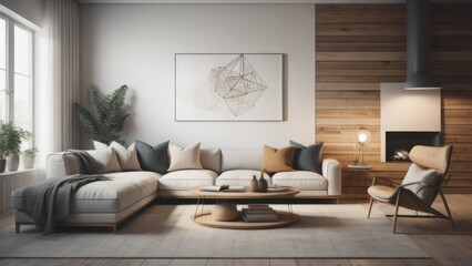 Fototapeta na wymiar Minimalist interior design of modern living room with rustic accent pieces