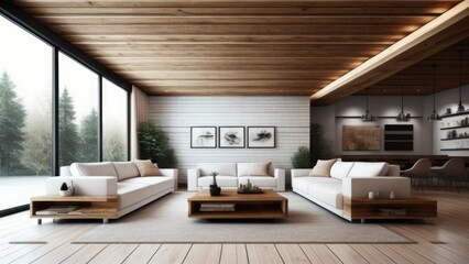 Obraz premium Minimalist interior design of modern living room with two sofas and wooden planks ceiling