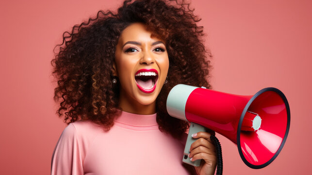 African American woman shouts in megaphone: Charismatic Call to Action in pink background