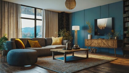 Mint color chairs at round wooden dining table in room with sofa and cabinet near green wall. Scandinavian, mid-century home interior design of modern living room