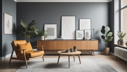 Fototapeta premium Shelving unit and console table near dark wall. Scandinavian style interior design of modern living room with wooden chair