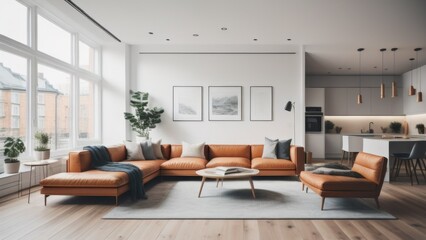 Studio apartment with grey sofa against window and wooden cabinet. Interior design of modern living room