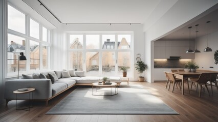 Studio apartment with grey sofa against window and wooden cabinet. Interior design of modern living room