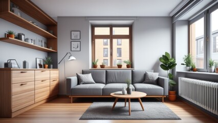 Fototapeta na wymiar Studio apartment with grey sofa against window and wooden cabinet. Interior design of modern living room