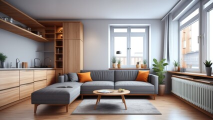 Studio apartment with grey sofa against window and wooden cabinet. Interior design of modern living room