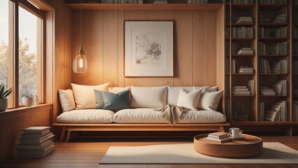 Fototapeta na wymiar Stylish and cozy reading nook. Pillows and wooden tray with burning candle on sofa against window. Scandinavian interior design of modern living room