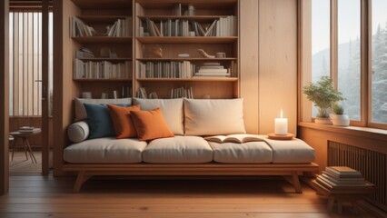 Obraz na płótnie Canvas Stylish and cozy reading nook. Pillows and wooden tray with burning candle on sofa against window. Scandinavian interior design of modern living room