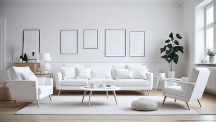 Fototapeta na wymiar White sofa and armchairs in scandinavian style home interior design of modern living room