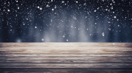 Naklejka na ściany i meble Winter snowy blurred black background and wooden flooring