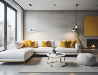 Fototapeta na wymiar White sofa with yellow pillows against concrete wall with fireplace. Scandinavian home interior design of modern living room