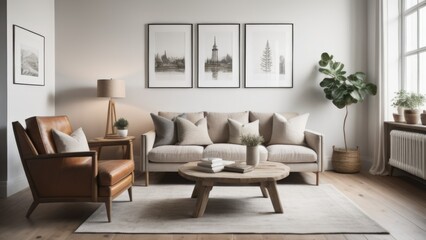 Fototapeta na wymiar Wing chair near rustic wooden coffee table. Interior design of scandinavian living room with frames