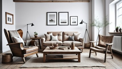 Wing chair near rustic wooden coffee table. Interior design of scandinavian living room with frames