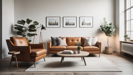 Fototapeta premium Wing chair near rustic wooden coffee table. Interior design of scandinavian living room with frames