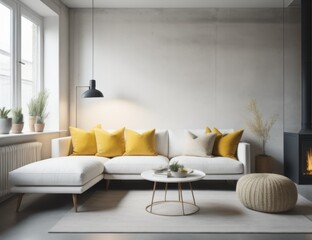 White sofa with yellow pillows against concrete wall with fireplace. Scandinavian home interior design of modern living room
