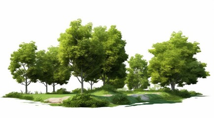 green trees, beautiful small grove with grass and shrubs, isolated on white background, Generative AI