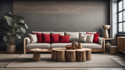 Wood log coffee table near rustic sofa with red cushion and grey and beige pillows against black stucco wall. Japandi home interior design of modern living room