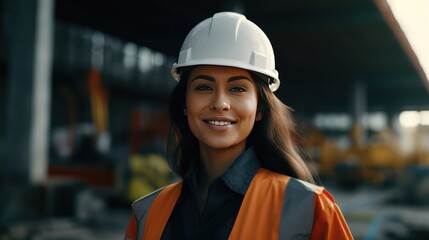 Close up smiling face of engineer manager leader woman wearing helmet ,smiling female architect in uniform - Powered by Adobe