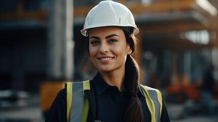 Close up smiling face of engineer manager leader woman wearing helmet ,smiling female architect in uniform - obrazy, fototapety, plakaty
