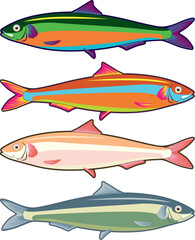 Stylized hand-drawn colorful sardine sideways in fancy colors - 677672675
