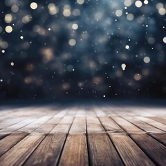 Naklejka na ściany i meble Winter snowy blurred black background and wooden flooring