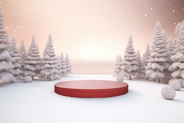 Merry Christmas banner with stage product display cylindrical shape and festive decoration for Christmas, snow background, promotion display, 3D rendering product display platform.