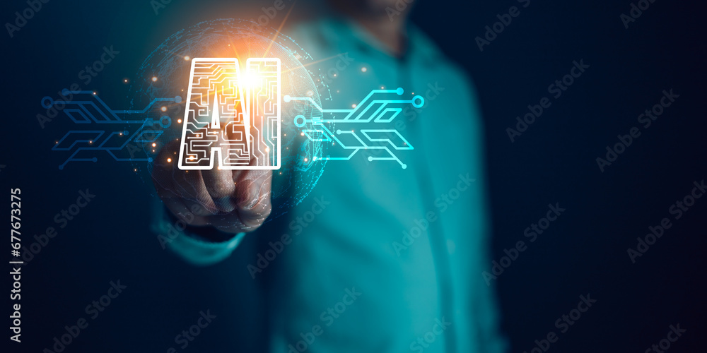Poster digital artificial intelligence (ai) technology disruption concept.man touch ai circuit global inter