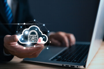 man holding cloud technology diagram show on hand. Data storage.Cloud technology.Secure backup and consistency Networking and internet service concept.Implementing storage technology in business