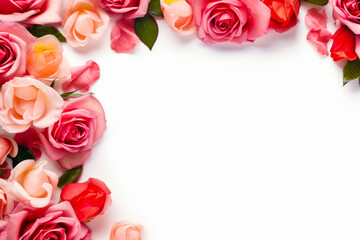 Fototapeta na wymiar Bunch of pink and red roses on white background with place for text.