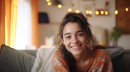 Portrait of Teenager woman smiling and looking to camera while relax in living room at home