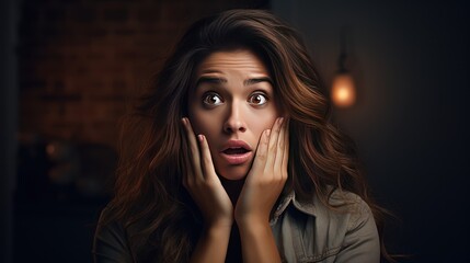 Portrait of Shocked and surprised girl screaming covering her mouth her hands.bright lighting,