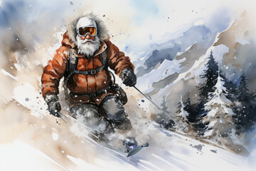 Santa Claus - snowboarder on the background of snow-capped mountains. Watercolor drawing.