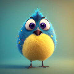 Fototapeta premium Cute little blue bird with big eyes. 3D rendering.