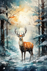 Watercolor illustration of a deer in the forest. Christmas background.