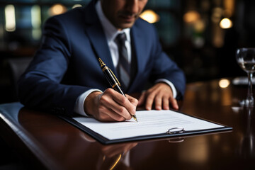 Businessman sitting in the office signing a paper or writing