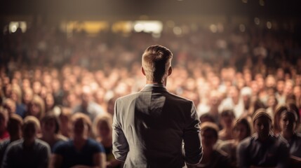 Rear view of Motivational speaker with on stage, blurred audience,meeting of many people