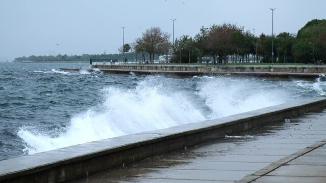 South wind storm waves are hitting The Kadikoy, Caddebostan coastline of Istanbul in slow motion